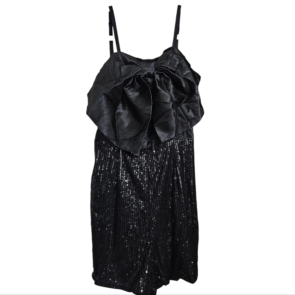 Shein Black Sequins Oversized Satin Bow Shorts Romper Adjustable Straps Large